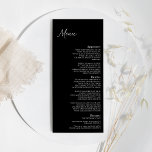 Menu moderne classique Mariage noir plat<br><div class="desc">Ce menu classique moderne à la mariage noire est parfait pour votre mariage moderne et élégant. Ce design est composé de calligraphie simple et blanche sur un arrière - plan noir foncé pour correspondre à votre mariage traditionnel classique ou à votre mariage boho minimaliste au printemps, en été, en automne...</div>