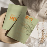 Menu Moderne Classy Bright Whimsical Mariage unique<br><div class="desc">Un menu de dîner mariage moderne et coloré rétro et moderne. Ce qui présente un design modèle chic de boho vintage vert arrière - plan et orange typographie et menu audacieux en orange. Parfait et assorti à toute la suite.</div>