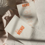 Menu Moderne Classy brillant Whimsical Mariage amusant<br><div class="desc">Un menu de dîner mariage moderne et coloré rétro et moderne. Ce qui présente un design modèle chic de boho vintage crémeux arrière - plan et la typographie orange et menu écrit à la main en orange. Parfait et assorti à toute la suite.</div>
