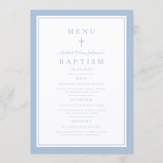 Menu Moderne de Baptême pour Garçon Croix Bleu Béb (Devant)