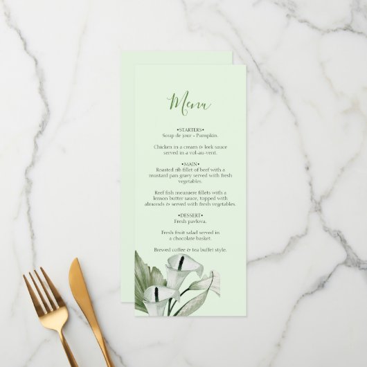 Menu Moderne Elégant blanc Calla Lilies Mariage (Devant/Arrière en situation)