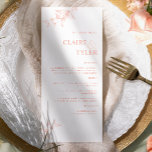 Menu Moderne Elegant Chic Blush Rose et Peach Mariage<br><div class="desc">Laissez-vous séduire par cette carte de menu de mariage élégante, au design épuré et simple, aux délicats détails floraux dessinés à la main dans des teintes rose vif et pêche. Conception avec élégante typographie de bloc moderne. Possibilité de personnaliser toutes les sections de texte à l'aide des zones de texte...</div>