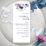 Menu Moderne Elegant chic violet et Mariage floral bleu<br><div class="desc">Offrez à vos invités cette carte de menu de mariage élégante et moderne. Design avec délicat détail de couleur aquarelle fleurie sur le dessus dans un beau mélange de teintes violettes et bleues. Utilisation de la typographie moderne en bleu. Possibilité de personnaliser toutes les sections de texte à l'aide des...</div>