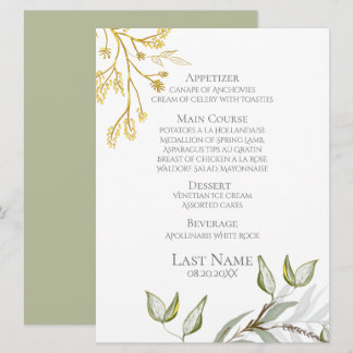 Menu Moderne Elegant Sage Green et Gold Foliing