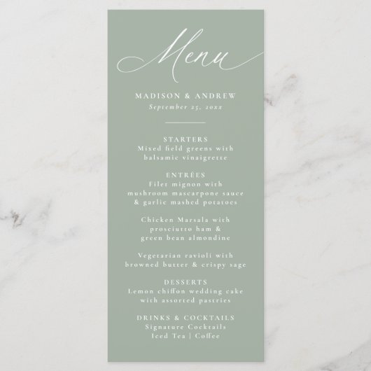 Menu Moderne Élégante calligraphie Sage Mariage vert (Devant)