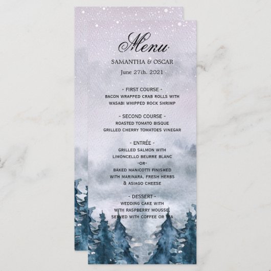 Menu Moderne Forêt Bleue Aquarelle Hivernale (Devant / Derrière)