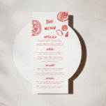 Menu Moderne Funky Retro Bold Mariage rouge<br><div class="desc">Notre menu unique à la main dessiné à la main est vraiment *bisou de chefs*. Ce design présente une typographie amusante et éclectique qui imite l'écriture manuscrite naturelle,  avec des illustrations sur mesure,  parfaite pour représenter votre réception et votre dîner. Cette version comprend des pops en rouge gras.</div>