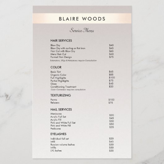 Menu Moderne Gold Stripe Hair Salon-prijslijst (Voorkant)