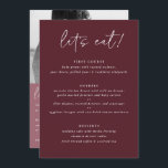 Menu moderne Merlot Mariage avec retour photo<br><div class="desc">Merlot / Bourgogne / Vin Menu Mariage : Ce menu mariage moderne comporte du texte manuscrit sur un arrière - plan merlot au premier plan avec la photo du couple et un message de remerciement au dernier plan. C'est le menu mariage recto verso idéal pour servir à la fois de...</div>