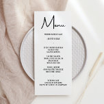 Menu Moderne minima gras Calligraphie Mariage dîner<br><div class="desc">Cette carte de menu minimaliste et moderne est dotée d'une calligraphie audacieuse et d'une police simple pour votre menu mariage sur l'arrière - plan blanc à l'avant et d'un dossier solide noir. Parfait pour un mariage moderne mais classique ou autre événement, mariage avec un thème noir et blanc ou mariage...</div>