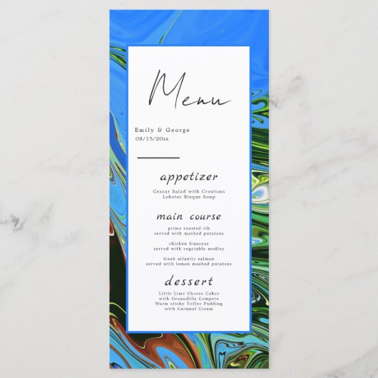 Menu Moderne minimal bleu vert Abstrait Artiste Mariage (Devant)