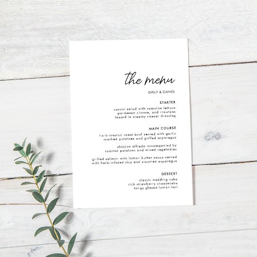 Menu Moderne minimaliste Mariage noir et blanc