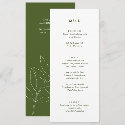 Menu Moderne Moss Green Botanical Floral Mariage (Devant / Derrière)