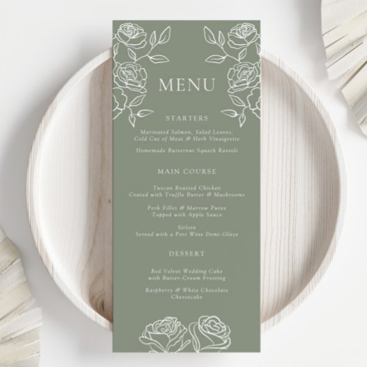 Menu Moderne Olive Green Français Rose Mariage Save Men
