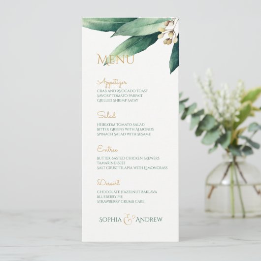 Menu Moderne peint botanique verdure mariage rustique (Debout devant)