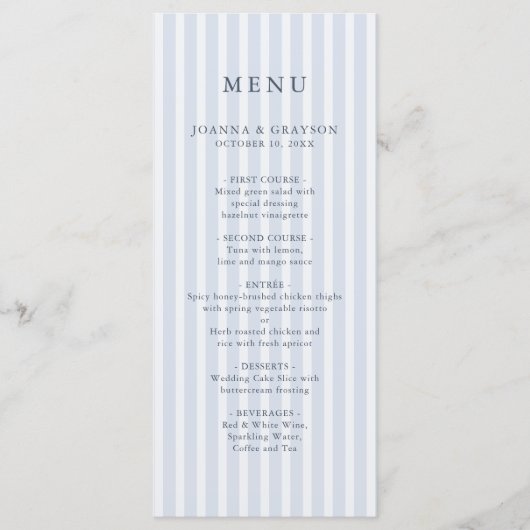 Menu Moderne Rayures Classiques Bleu Poussiéreux Mariag (Devant)