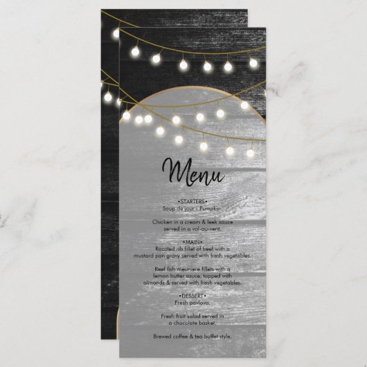 Menu Moderne Rustique Noir Bois Lumière Arc Mariage (Devant / Derrière)
