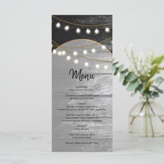 Menu Moderne Rustique Noir Bois Lumière Arc Mariage (Debout devant)