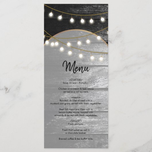 Menu Moderne Rustique Noir Bois Lumière Arc Mariage (Devant)