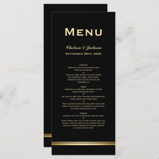 Menu moderne Simple Black Gold Mariage (Devant / Derrière)