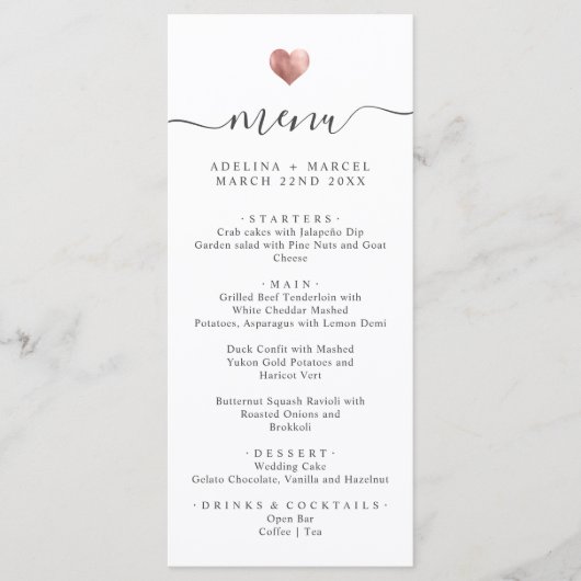 Menu Moderne Simple Calligraphie Rose Gold Heart Mariag (Devant)