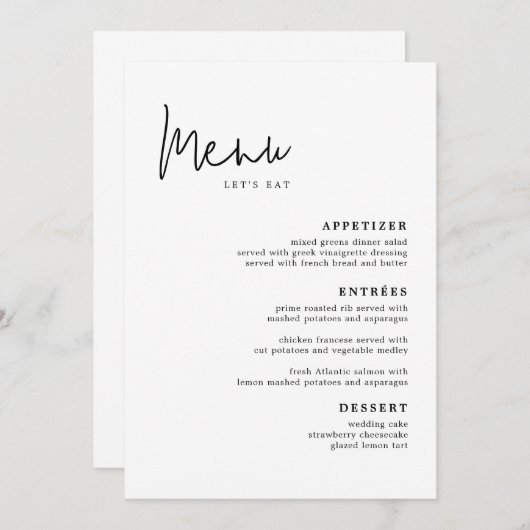 Menu moderne Simple Mariage Table Cartes Menu plat (Devant / Derrière)