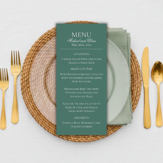 Menu Moderne Simple Sage Vert Élégant Dîner De Mariage