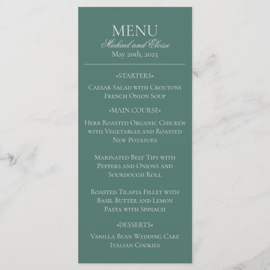 Menu Moderne Simple Sage Vert Élégant Dîner De Mariage (Devant)