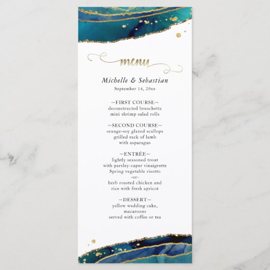 Menu Moderne Turquoise Aquarelle Or Agate Mariage Géode (Devant)