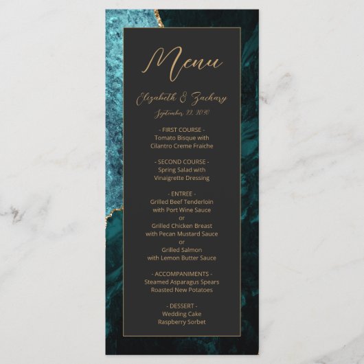 Menu Moderne Turquoise Bleu Or Agate Mariage foncé (Devant)