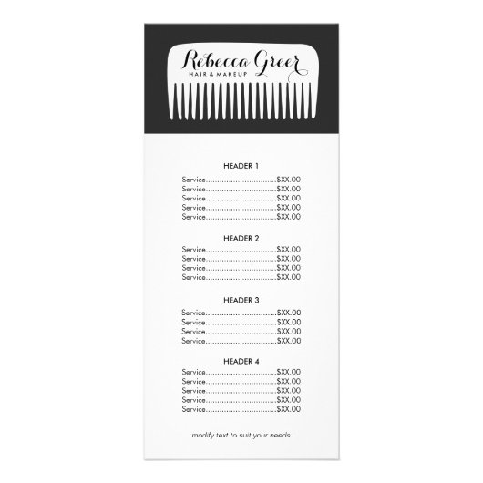 Menu Moderne zwarte en witte Haarstylist-prijslijs (Voorkant)