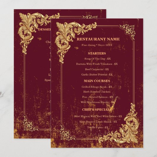 Menu modifiable Bordeaux or avec code QR (Devant / Derrière)