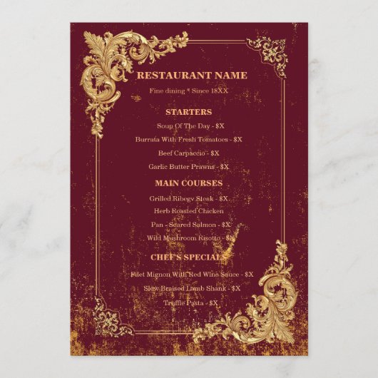 Menu modifiable Bordeaux or avec code QR (Devant)