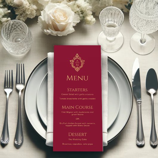 Menu Monogram Bourgogne Faux Gold Crest Vintage Wedding