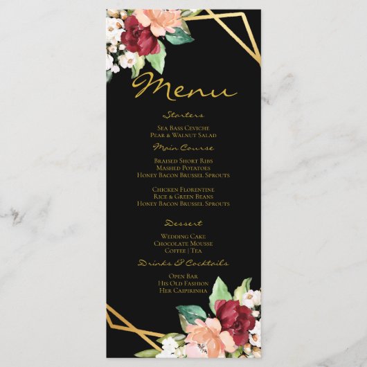 Menu Monogramme Black Gold Floral Mariage (Devant)