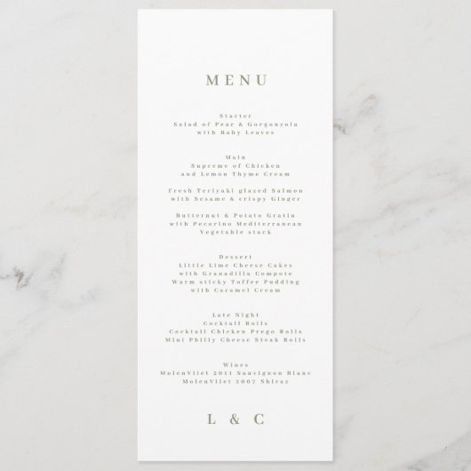 Menu Monogramme blanc vert Élégant Sage Simple (Devant)