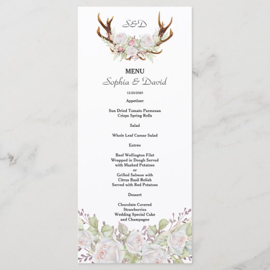 Menu Monogramme Bois de Cerf Fleurs Blanches Éléga (Devant)