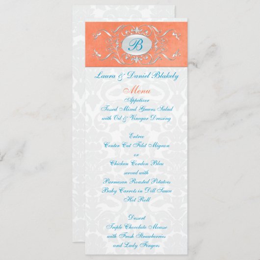 Menu Monogrammé Coral, Aqua et Grey Damask (Devant / Derrière)