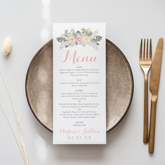 Menu Monogramme de mariage bohème floral rose et or