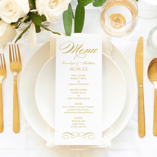 Menu Monogramme de mariage élégant à défilement or