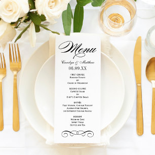 Menu Monogramme de mariage élégant à scroll noir et bla