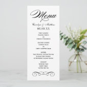 Menu Monogramme de mariage élégant à scroll noir et bla (Debout devant)