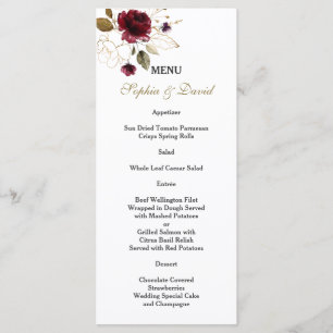 Menu Monogramme de mariage fantaisiste fleurs bordeaux 