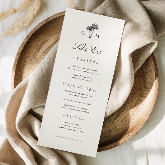 Menu Monogramme de palmier, mariage de destination, Let