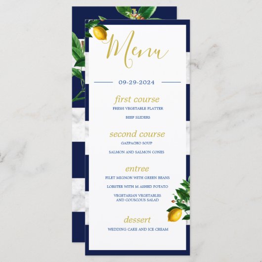 Menu Monogramme d'été du Marbre blanc de la Marine des  (Devant / Derrière)