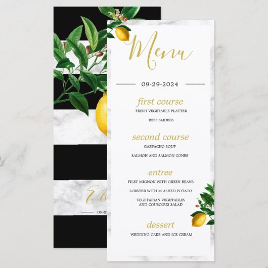 Menu Monogramme d'été en marbre noir (Devant / Derrière)