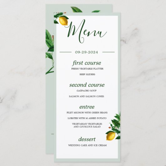 Menu Monogramme d'été vert botanique de citrons (Devant / Derrière)