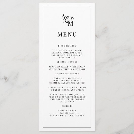Menu Monogramme Elegant Simple Mariage noir blanc (Devant)