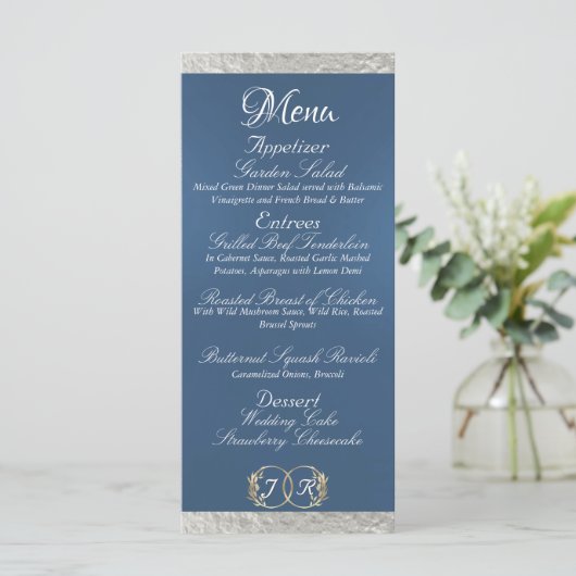 Menu Monogramme et ruban - Mariage bleu clair (Debout devant)