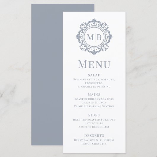 Menu Monogramme Floral Orné Mariage Élégant Argent (Devant / Derrière)